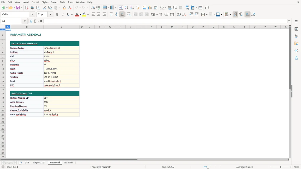 Screenshot 3: Foglio Parametri - Modello Excel DDT documento di trasporto excel