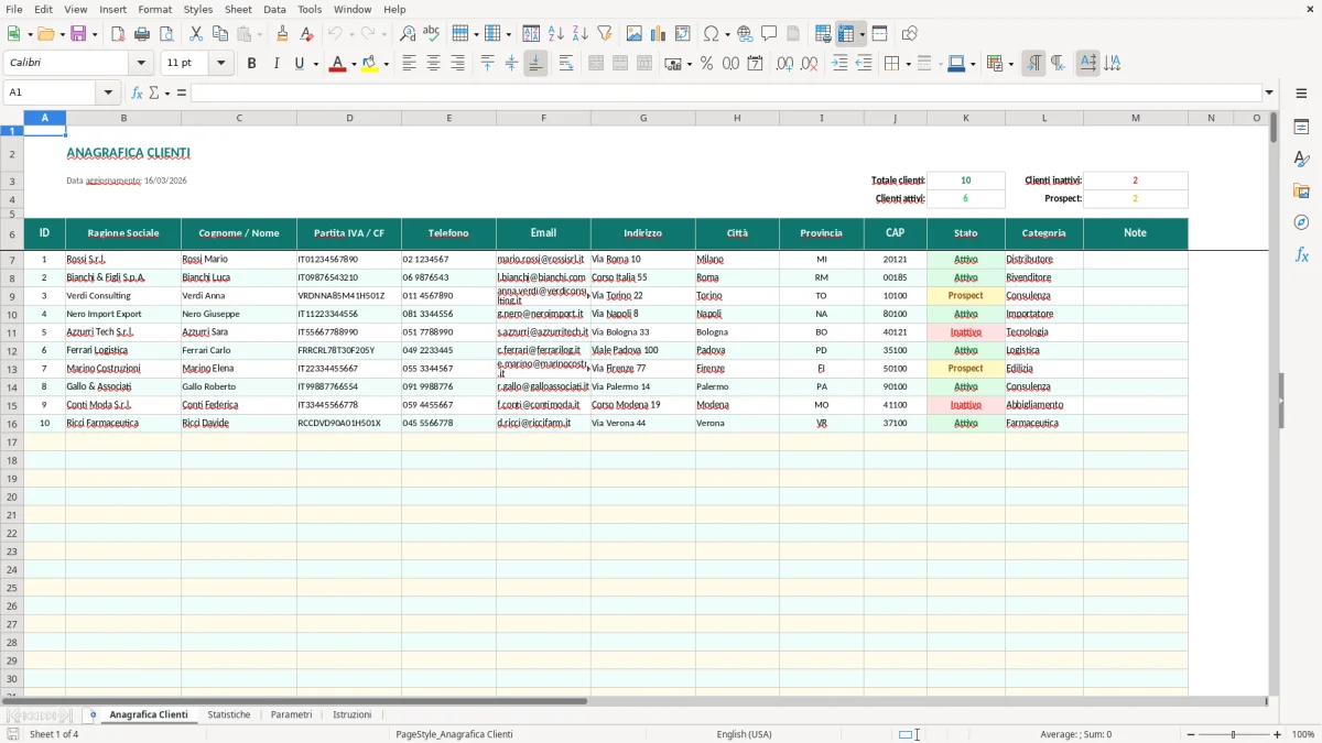 Screenshot 1: Foglio Anagrafica Clienti - Modello Excel anagrafica clienti excel