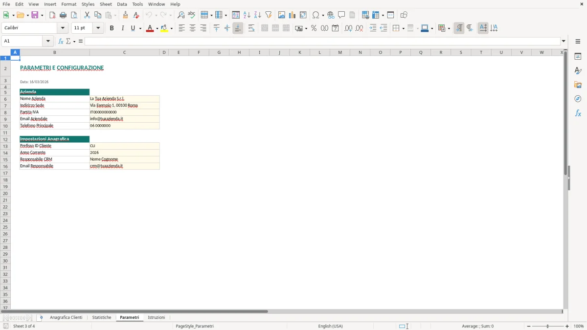 Screenshot 3: Foglio Parametri - Modello Excel anagrafica clienti excel