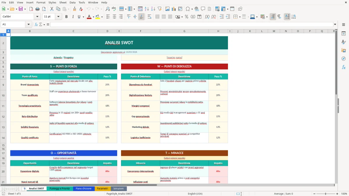 Screenshot 1: Foglio Analisi SWOT - Modello Excel analisi SWOT excel