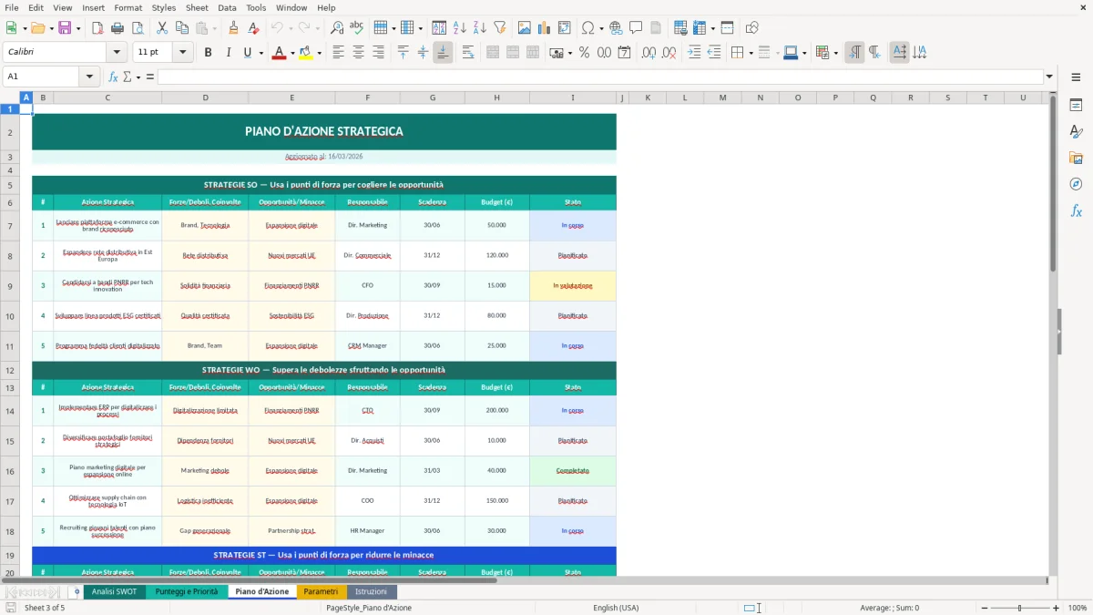Screenshot 3: Foglio Piano d'Azione - Modello Excel analisi SWOT excel
