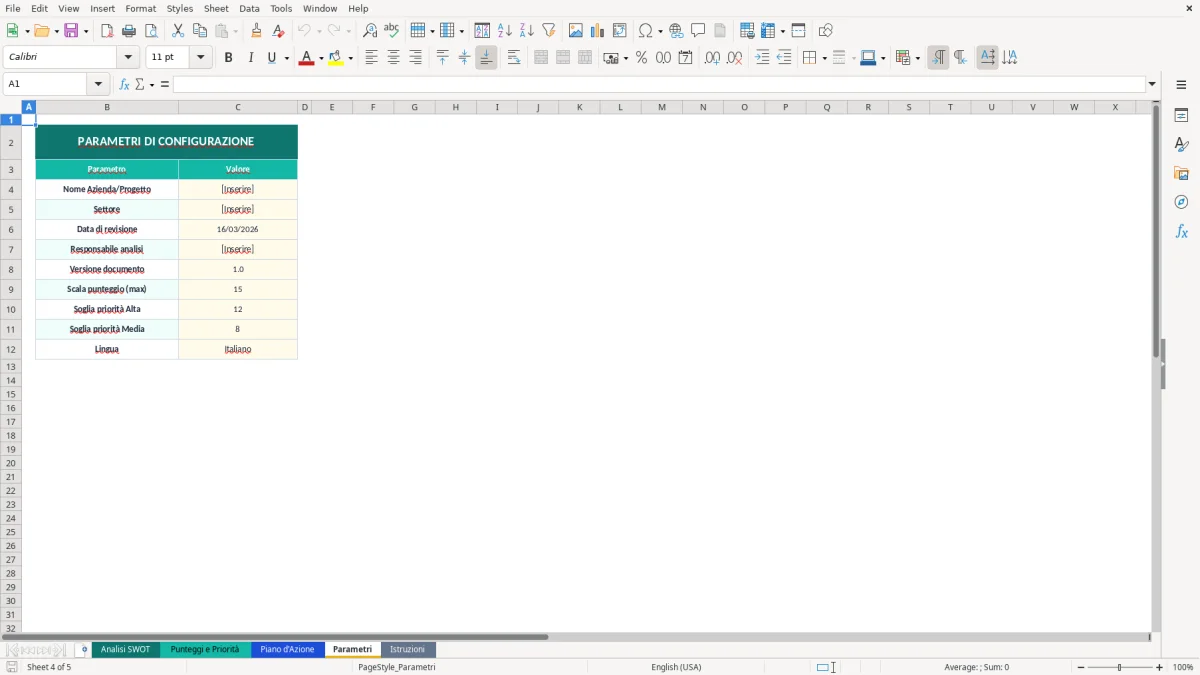Screenshot 4: Foglio Parametri - Modello Excel analisi SWOT excel