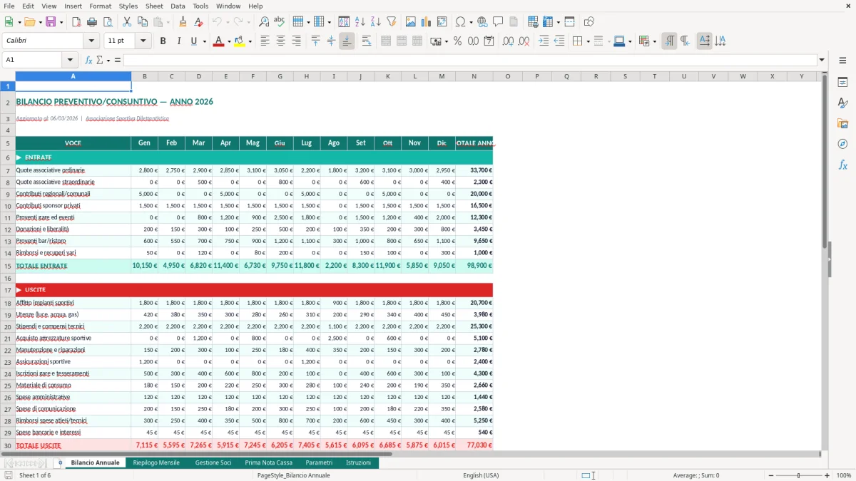 Screenshot 1: Foglio Bilancio Annuale - Modello Excel bilancio associazione sportiva excel