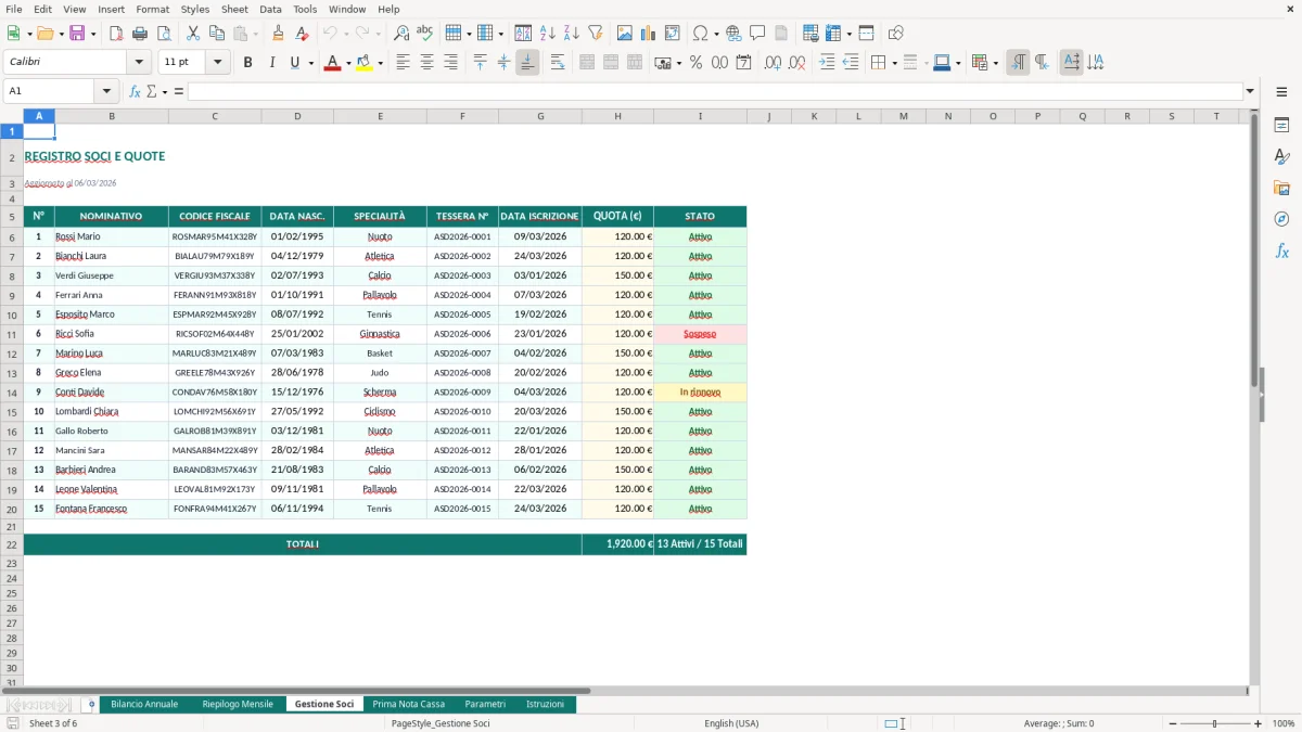 Screenshot 3: Foglio Gestione Soci - Modello Excel bilancio associazione sportiva excel