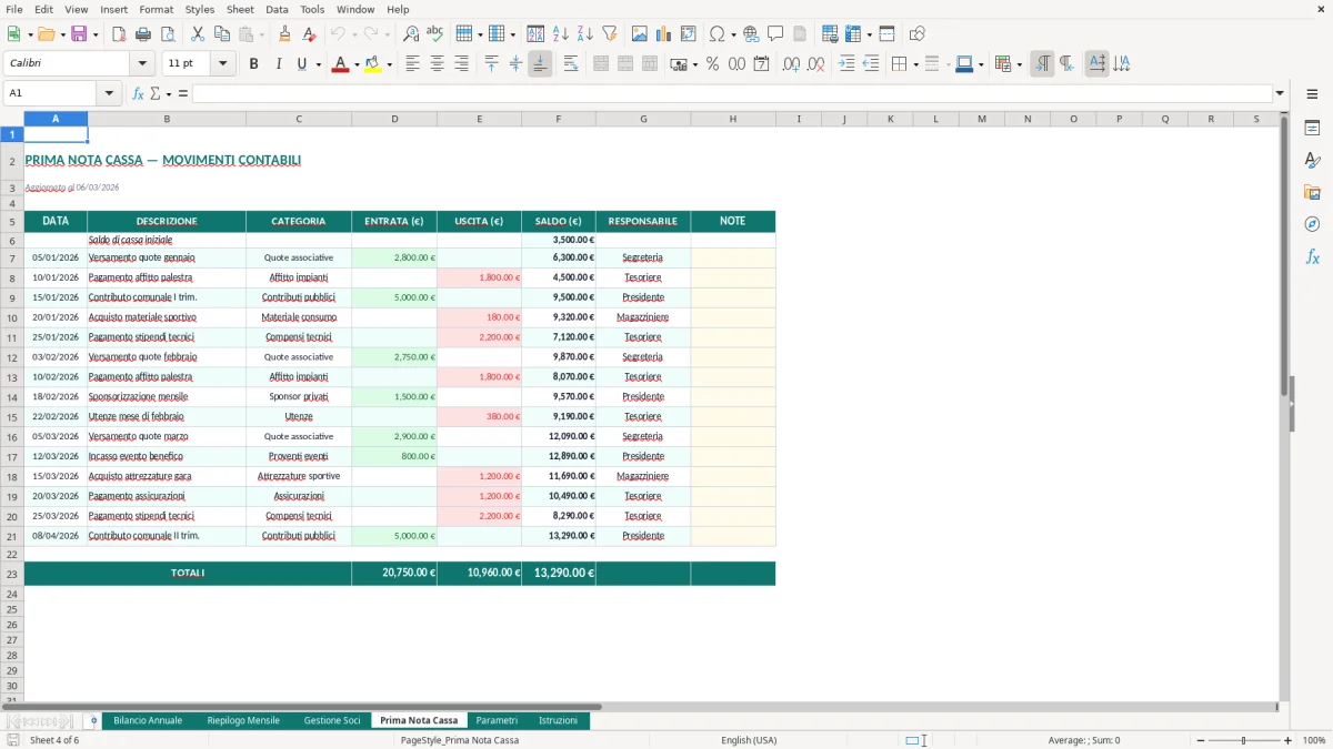 Screenshot 4: Foglio Prima Nota Cassa - Modello Excel bilancio associazione sportiva excel