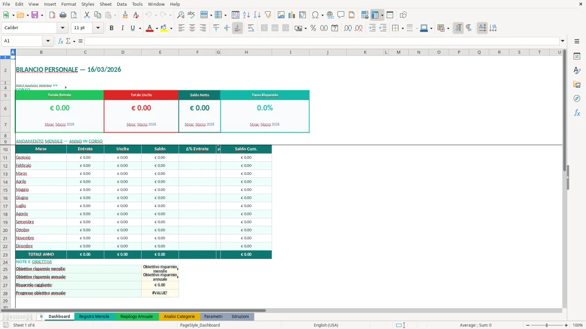 Screenshot 1: Foglio Dashboard - Modello Excel bilancio entrate uscite excel