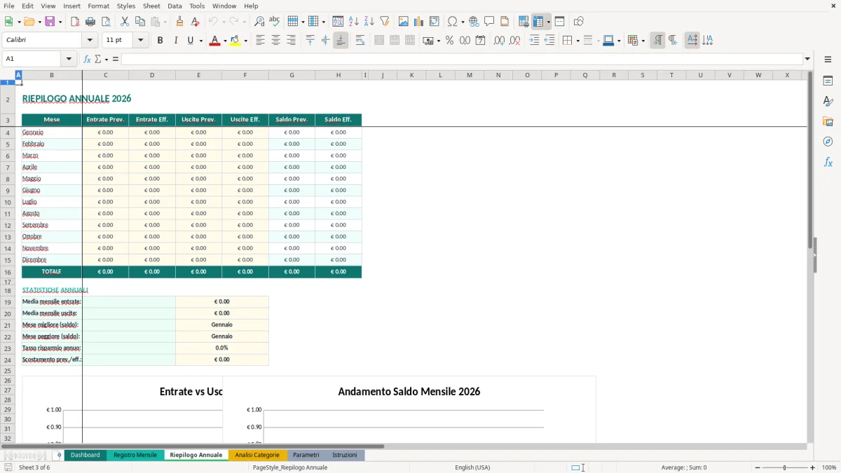 Screenshot 3: Foglio Riepilogo Annuale - Modello Excel bilancio entrate uscite excel