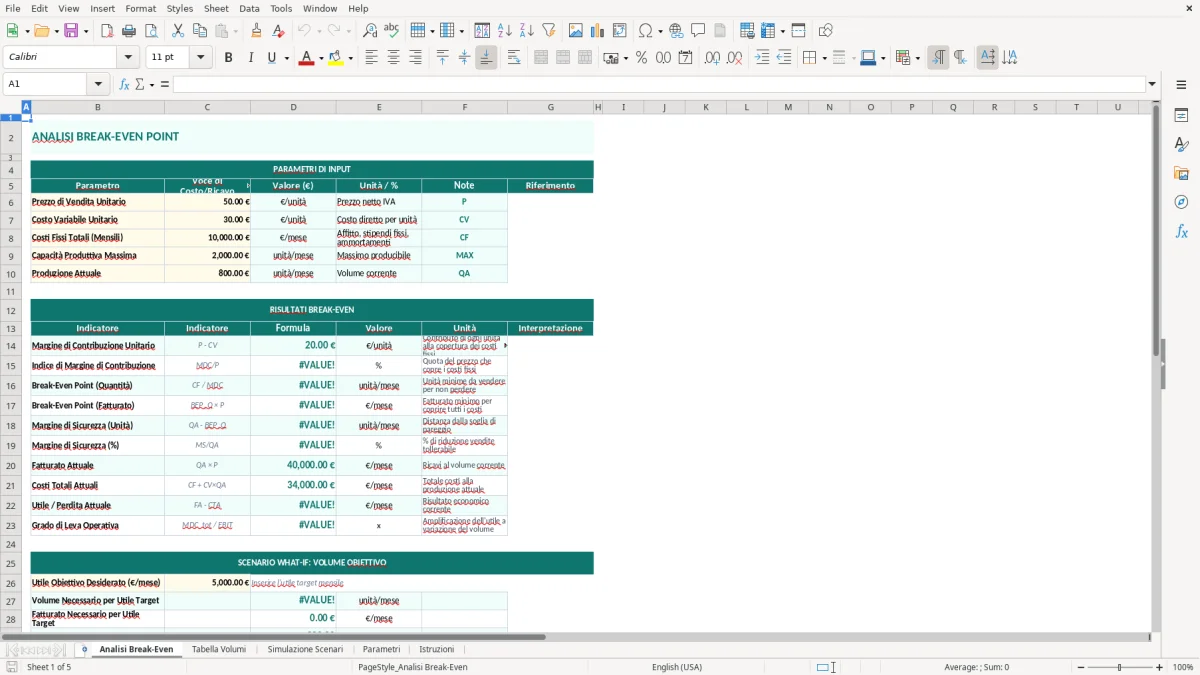 Screenshot 1: Foglio Analisi Break-Even - Modello Excel break even point excel