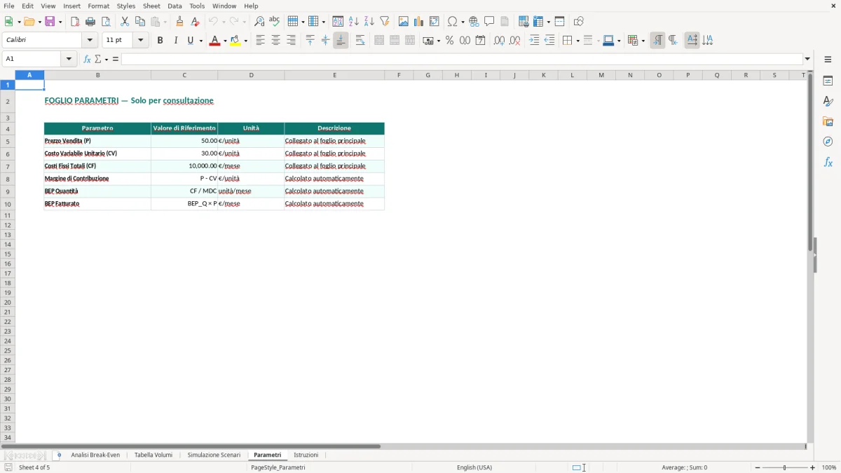 Screenshot 4: Foglio Parametri - Modello Excel break even point excel