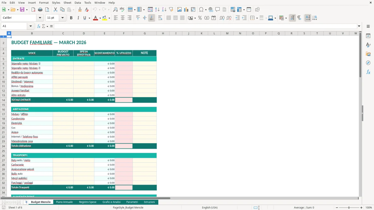 Screenshot 1: Foglio Budget Mensile - Modello Excel budget familiare excel