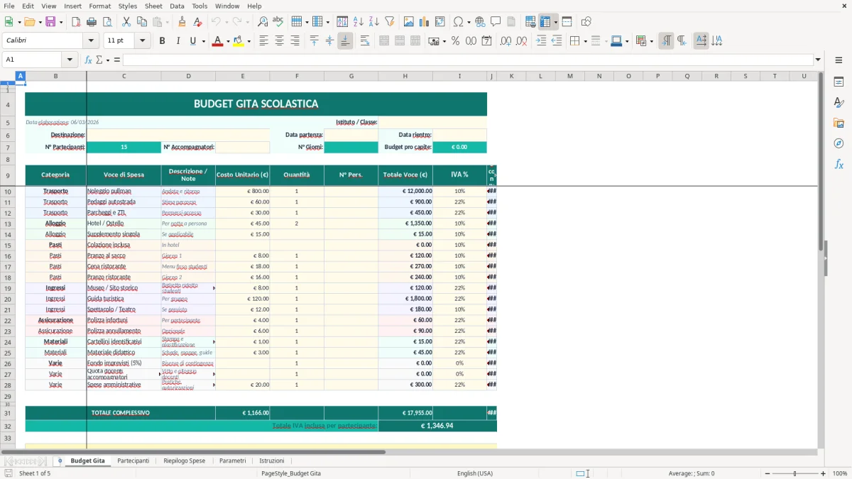 Screenshot 1: Foglio Budget Gita - Modello Excel budget gita scolastica excel