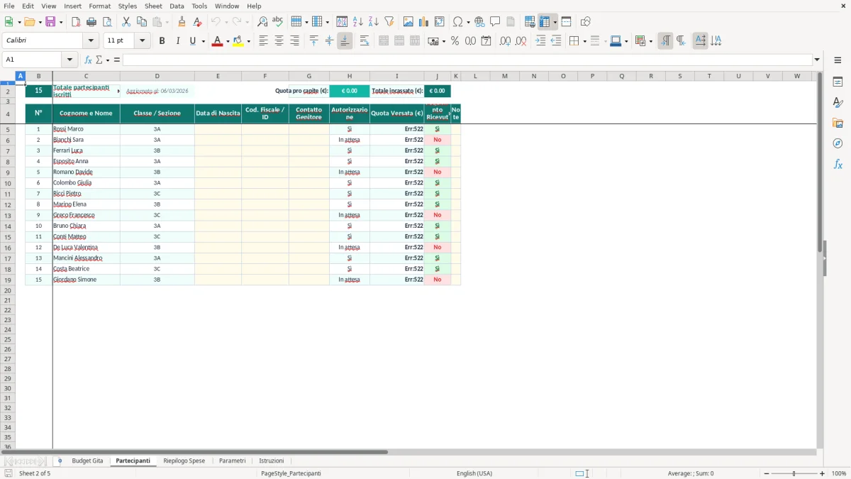 Screenshot 2: Foglio Partecipanti - Modello Excel budget gita scolastica excel