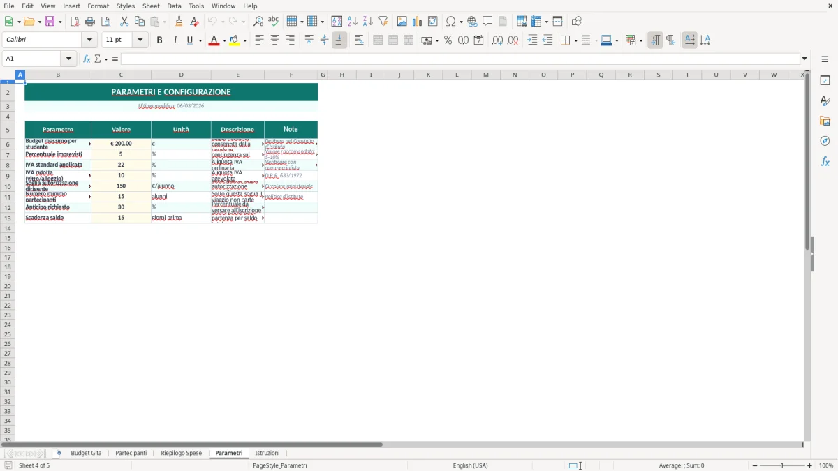 Screenshot 4: Foglio Parametri - Modello Excel budget gita scolastica excel