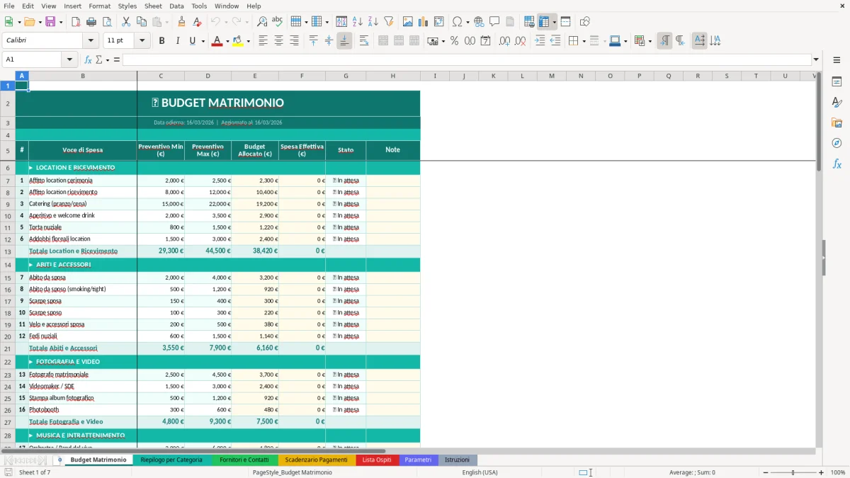 Screenshot 1: Foglio Budget Matrimonio - Modello Excel budget matrimonio excel