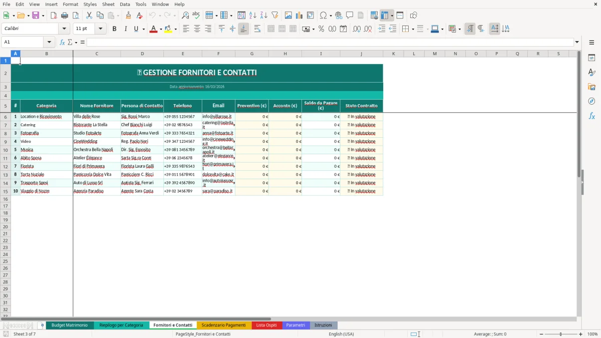 Screenshot 3: Foglio Fornitori e Contatti - Modello Excel budget matrimonio excel
