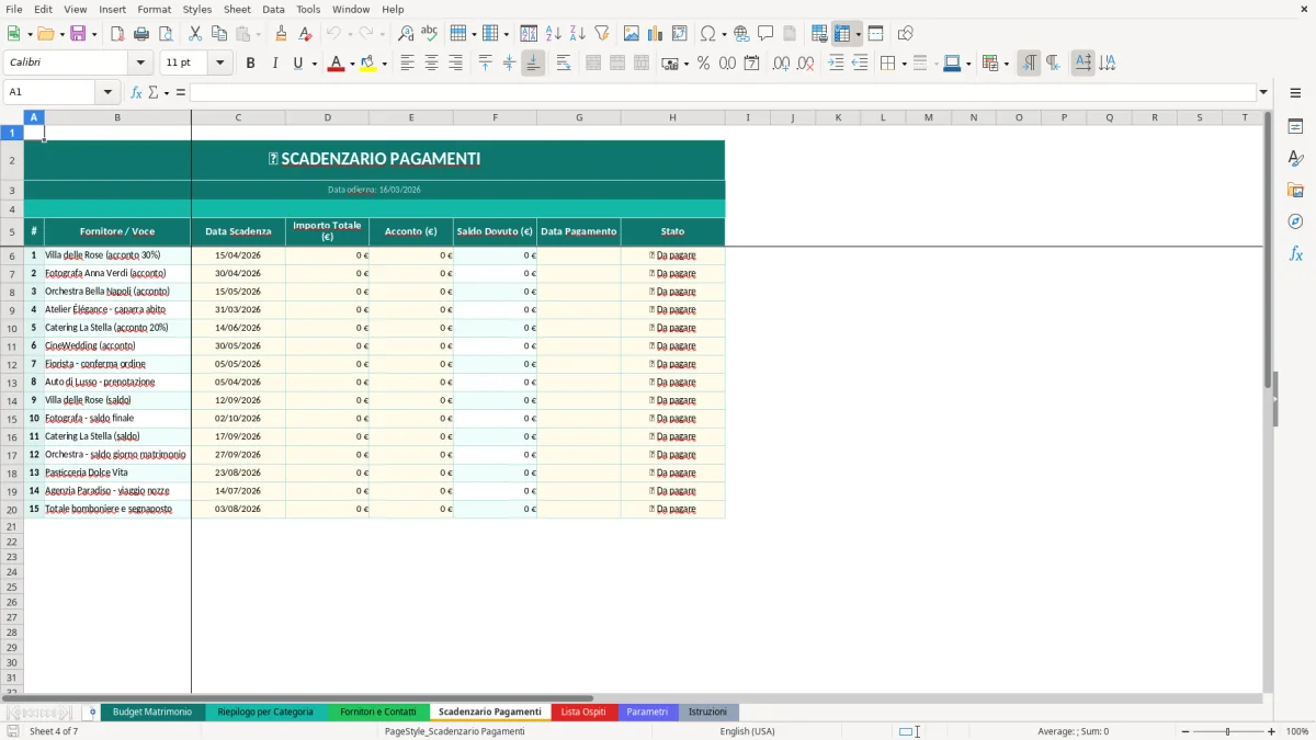 Screenshot 4: Foglio Scadenzario Pagamenti - Modello Excel budget matrimonio excel