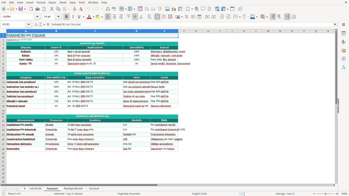 Screenshot 2: Foglio Parametri - Modello Excel calcolo IVA excel