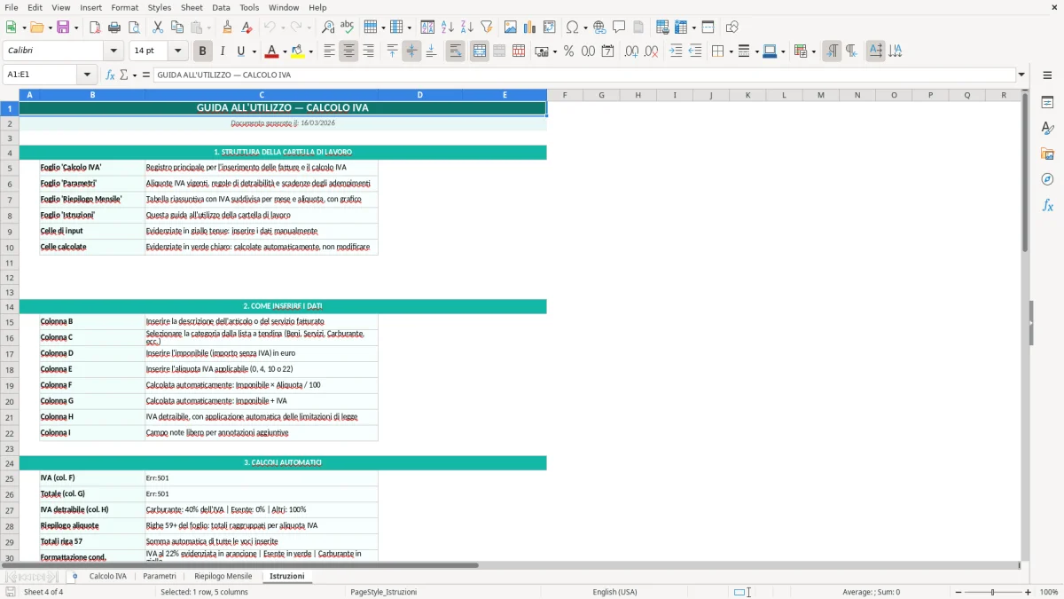 Screenshot 4: Foglio Istruzioni - Modello Excel calcolo IVA excel