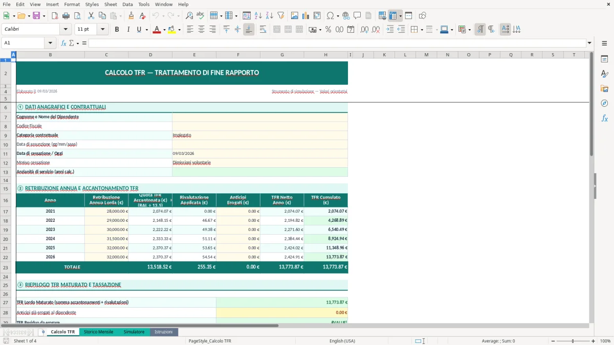 Screenshot 1: Foglio Calcolo TFR - Modello Excel calcolo TFR excel