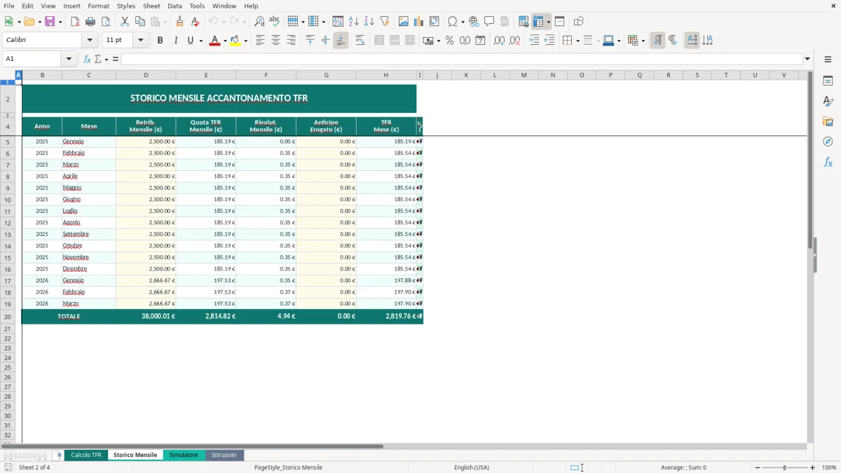 Screenshot 2: Foglio Storico Mensile - Modello Excel calcolo TFR excel