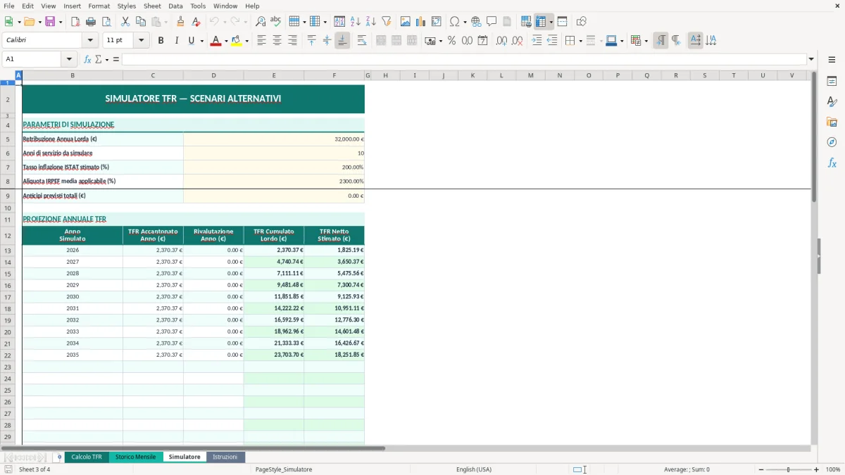 Screenshot 3: Foglio Simulatore - Modello Excel calcolo TFR excel