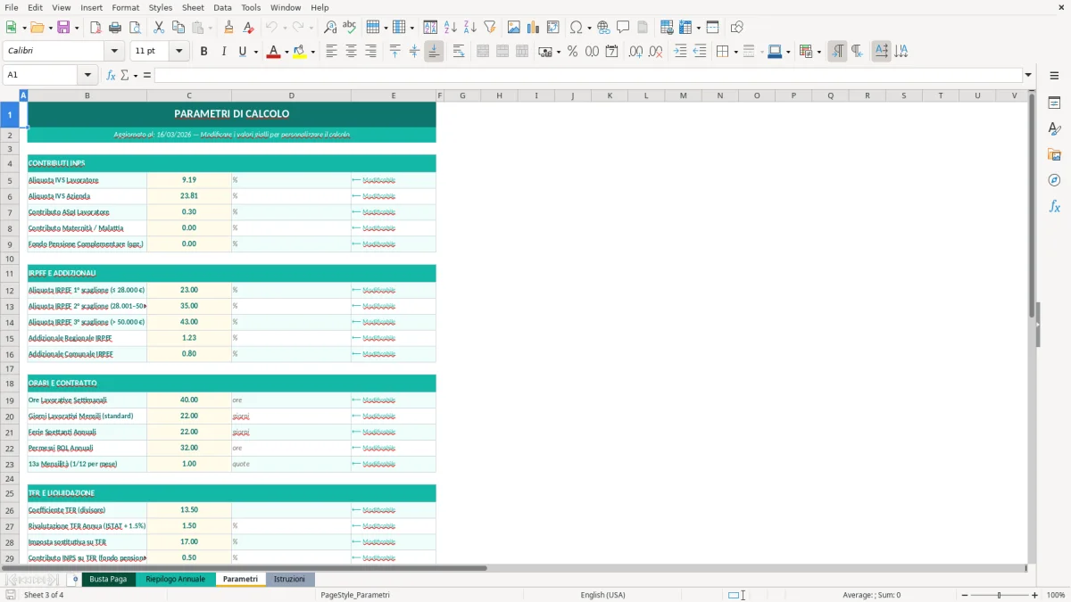 Screenshot 3: Foglio Parametri - Modello Excel calcolo busta paga excel