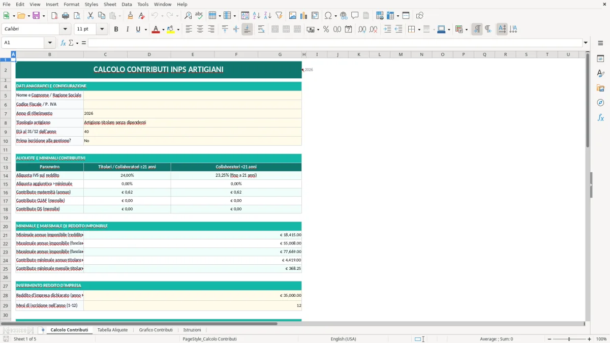 Screenshot 1: Foglio Calcolo Contributi - Modello Excel calcolo contributi INPS artigiani excel