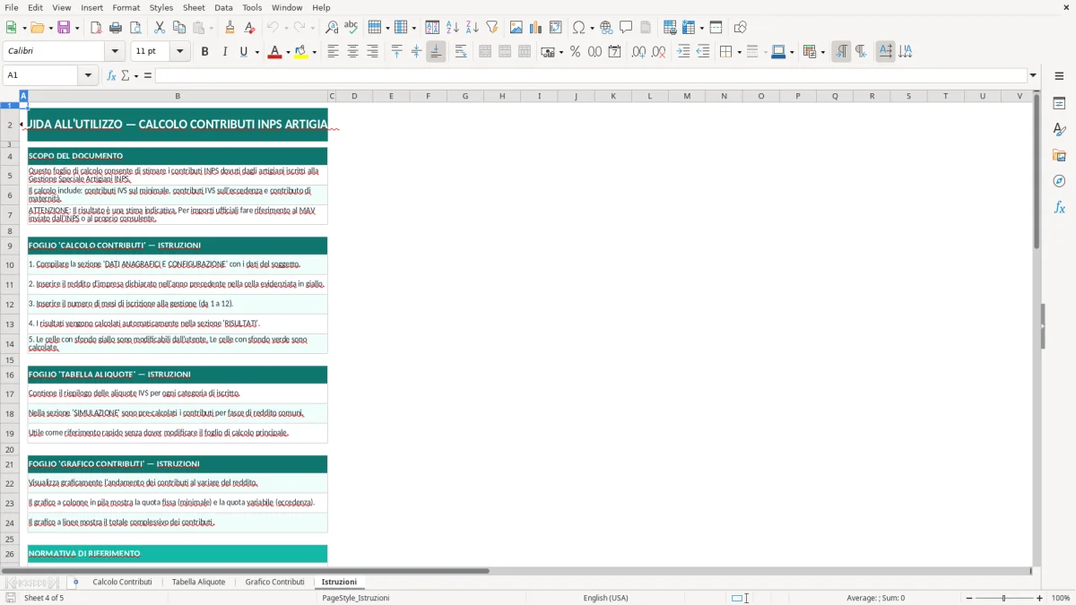 Screenshot 4: Foglio Istruzioni - Modello Excel calcolo contributi INPS artigiani excel