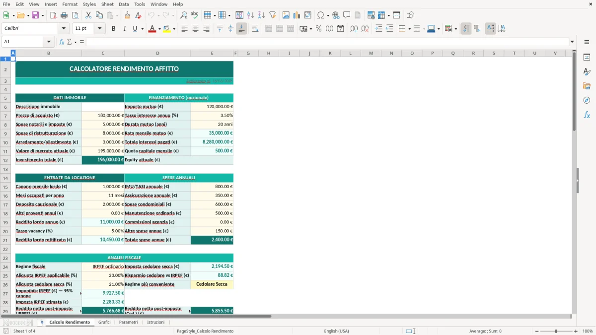 Screenshot 1: Foglio Calcolo Rendimento - Modello Excel calcolo rendimento affitto excel
