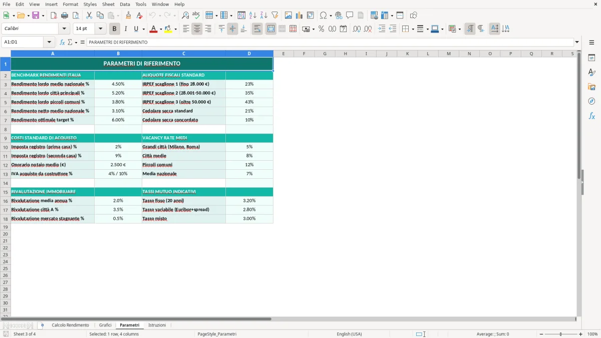 Screenshot 3: Foglio Parametri - Modello Excel calcolo rendimento affitto excel