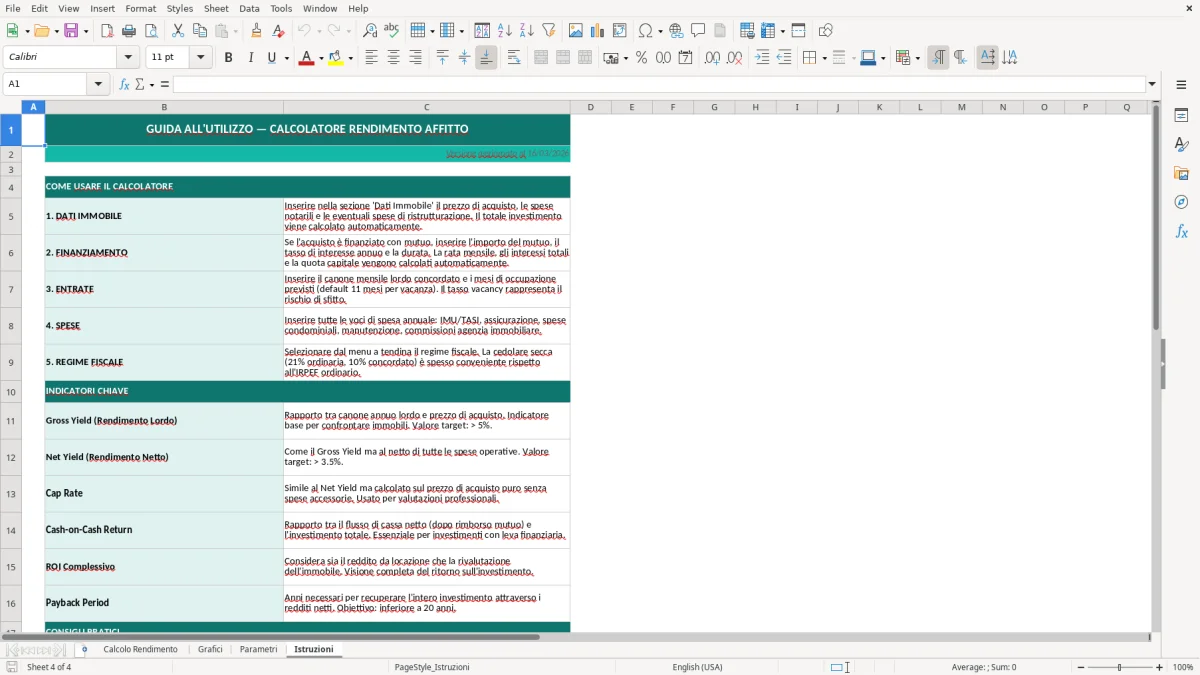 Screenshot 4: Foglio Istruzioni - Modello Excel calcolo rendimento affitto excel