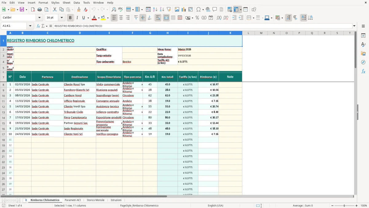 Screenshot 1: Foglio Rimborso Chilometrico - Modello Excel calcolo rimborso chilometrico excel