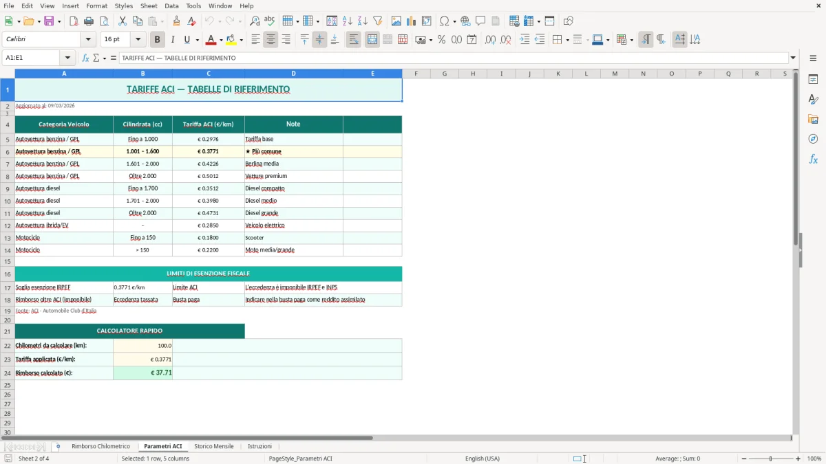 Screenshot 2: Foglio Parametri ACI - Modello Excel calcolo rimborso chilometrico excel