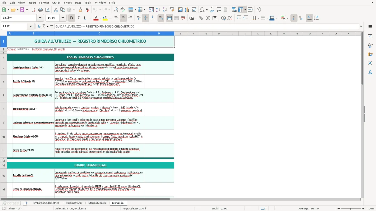 Screenshot 4: Foglio Istruzioni - Modello Excel calcolo rimborso chilometrico excel