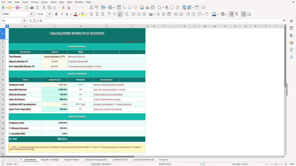Screenshot 1: Foglio Calcolatore - Modello Excel calcolo ritenuta d'acconto excel