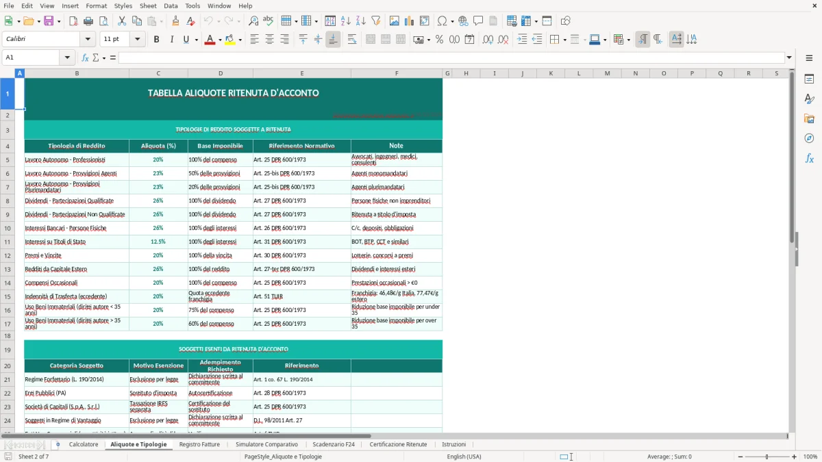 Screenshot 2: Foglio Aliquote e Tipologie - Modello Excel calcolo ritenuta d'acconto excel
