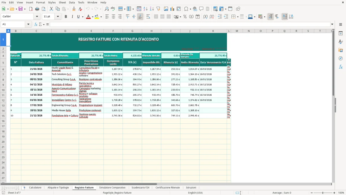 Screenshot 3: Foglio Registro Fatture - Modello Excel calcolo ritenuta d'acconto excel
