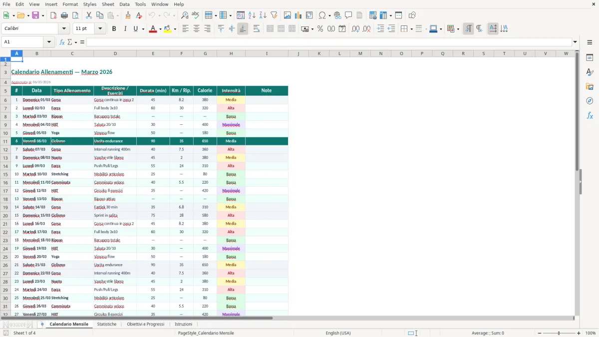Screenshot 1: Foglio Calendario Mensile - Modello Excel calendario allenamenti excel