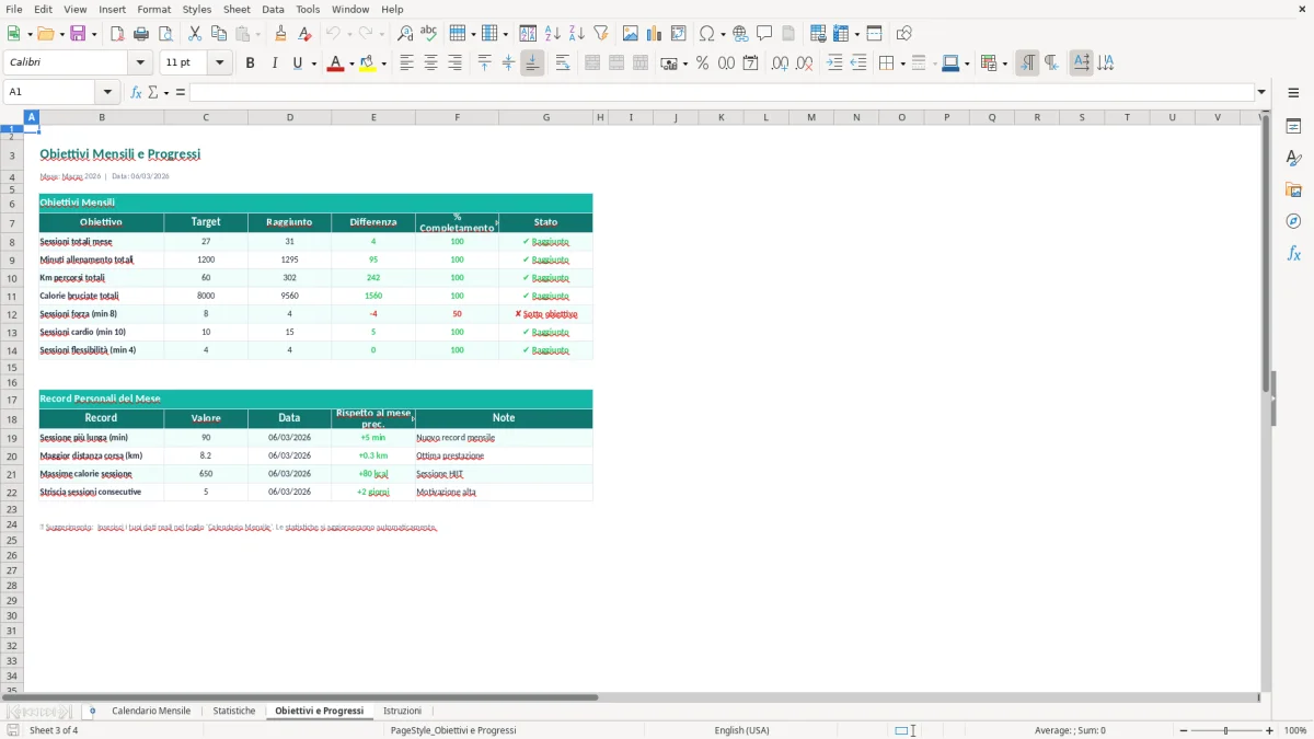 Screenshot 3: Foglio Obiettivi e Progressi - Modello Excel calendario allenamenti excel