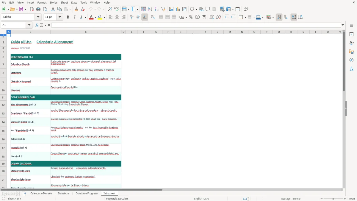 Screenshot 4: Foglio Istruzioni - Modello Excel calendario allenamenti excel