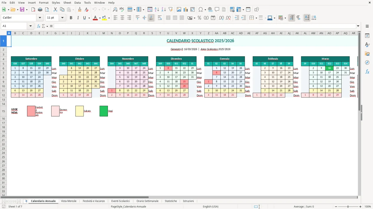 Screenshot 1: Foglio Calendario Annuale - Modello Excel calendario scolastico excel