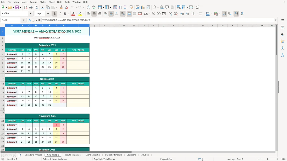 Screenshot 2: Foglio Vista Mensile - Modello Excel calendario scolastico excel