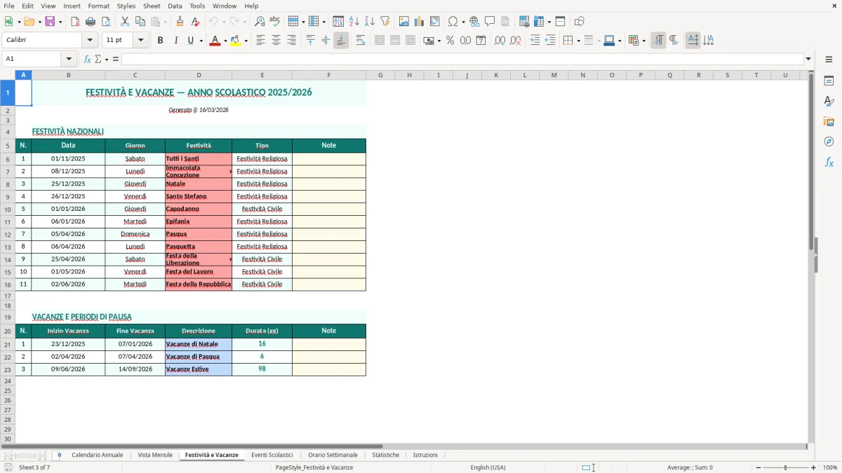 Screenshot 3: Foglio Festività e Vacanze - Modello Excel calendario scolastico excel