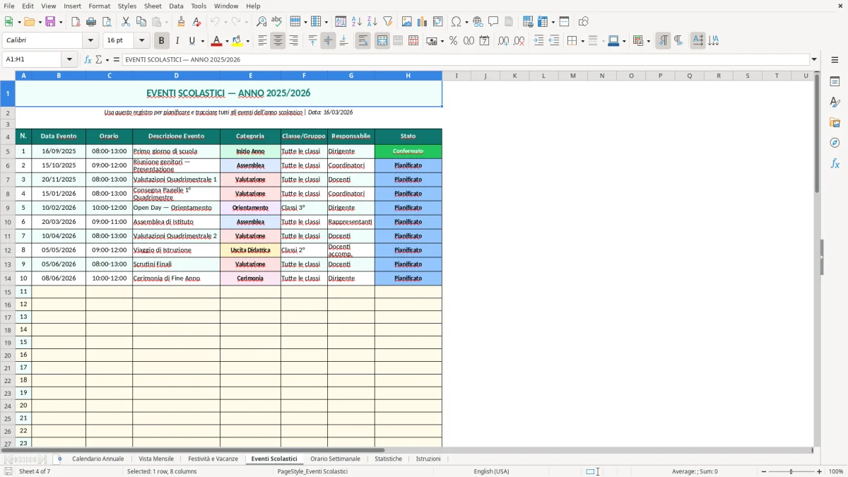Screenshot 4: Foglio Eventi Scolastici - Modello Excel calendario scolastico excel