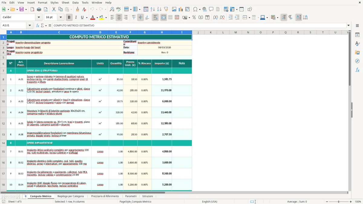 Screenshot 1: Foglio Computo Metrico - Modello Excel computo metrico excel