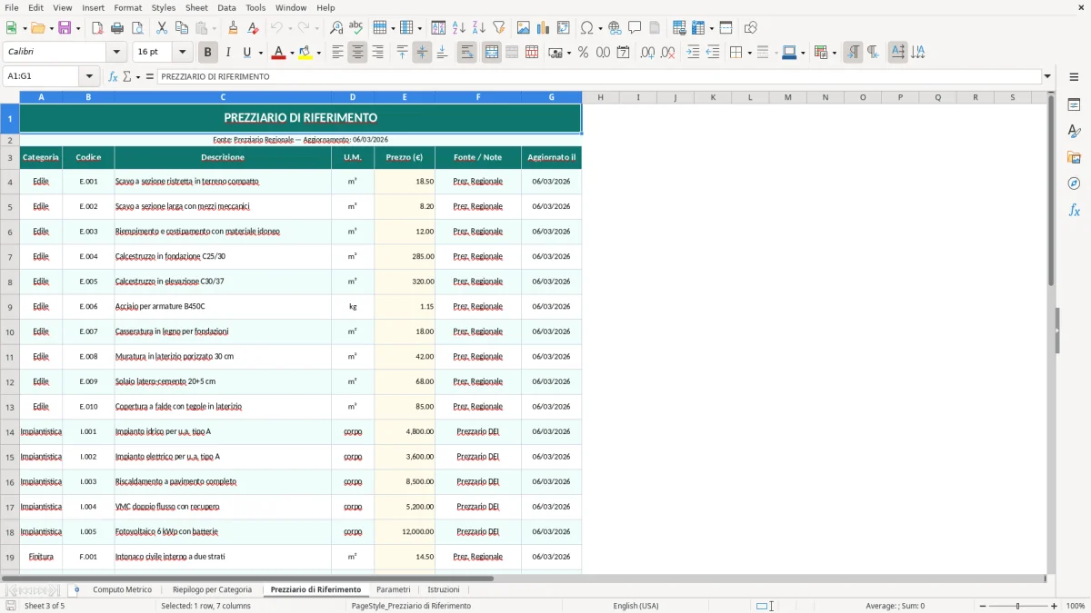 Screenshot 3: Foglio Prezziario di Riferimento - Modello Excel computo metrico excel