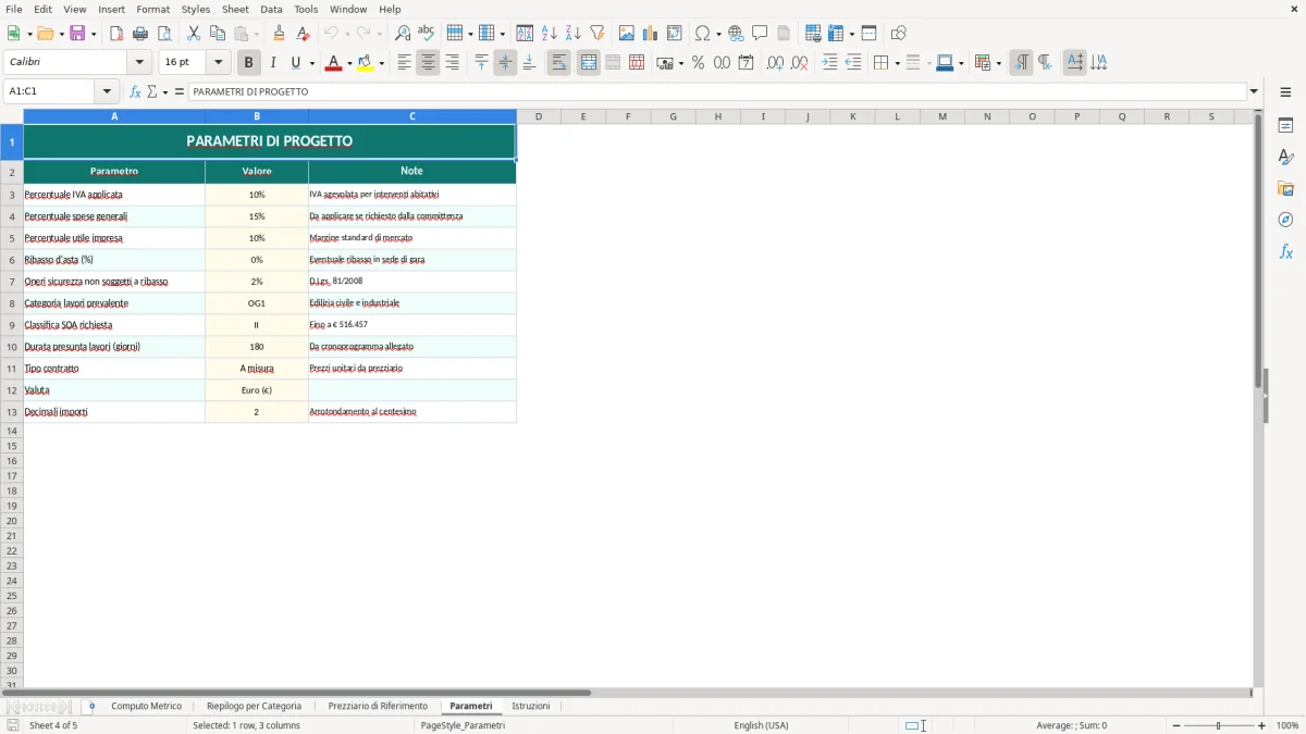 Screenshot 4: Foglio Parametri - Modello Excel computo metrico excel