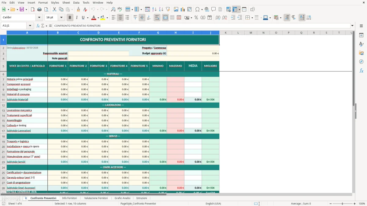Screenshot 1: Foglio Confronto Preventivi - Modello Excel confronto preventivi excel