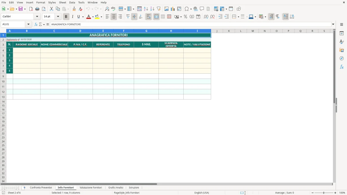 Screenshot 2: Foglio Info Fornitori - Modello Excel confronto preventivi excel
