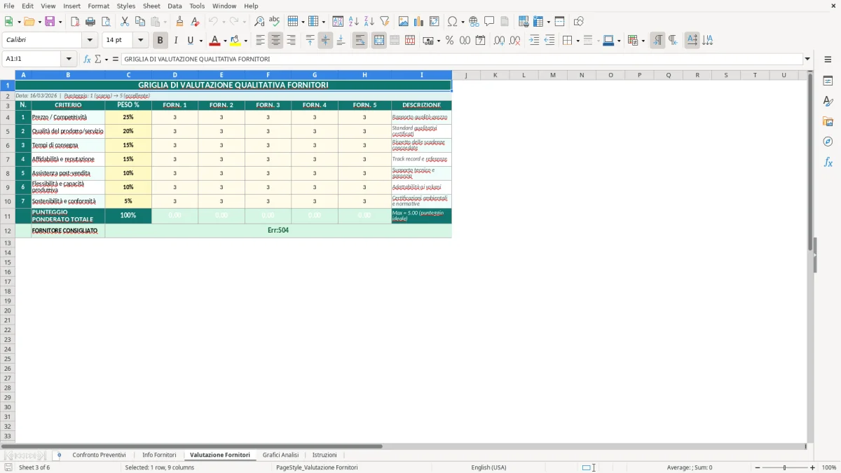 Screenshot 3: Foglio Valutazione Fornitori - Modello Excel confronto preventivi excel